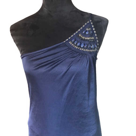 BCBGMaxazria Navy Blue Asymmetrical Beaded Maxi Dress - Picture 3 of 8